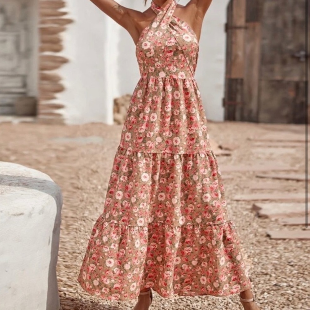 Shein All Over Floral Print Shirred Back Ruffle Hem Halter Neck Dress